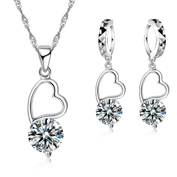 Jewelry - Heart Drop Necklace And Earrings 925 Sterling Silver Set